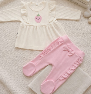 Çilek Nakışlı Fırfırlı Kız Bebek 2'li Takım