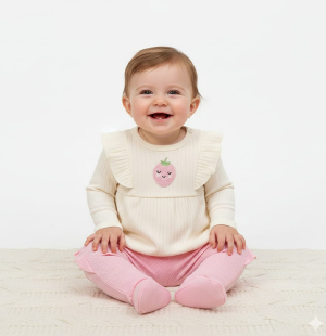 Çilek Nakışlı Fırfırlı Kız Bebek 2'li Takım