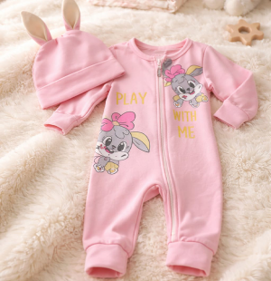 Tavşan Baskılı Kız Bebek Tulum ve Şapka Takım