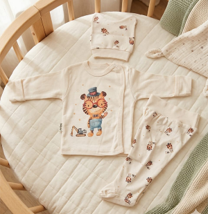 Kendinden Eldivenli Aslan Baskılı 3'lü Yenidoğan Bebek Takımı