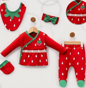 Çilek Desenli 5'li Yenidoğan Bebek Takımı