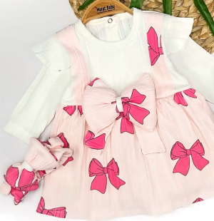 Fiyonklu Kız Bebek Elbise ve Bandana Takım