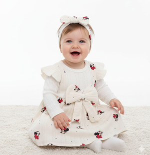 Minnie Desenli Fiyonklu Kız Bebek Elbise ve Bandana Takım