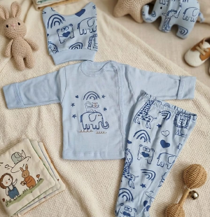 Kendinden Eldivenli Fil Baskılı 3'lü Yenidoğan Bebek Takımı