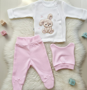 Waffle Kumaş Tavşan Nakışlı Kendinden Eldivenli 3'lü Takım