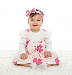Fiyonklu Kız Bebek Elbise ve Bandana Takım