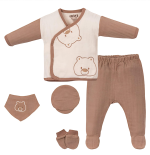 Ayıcık Desenli 5’li Lüx  Muslin Hastane Çıkışı Seti