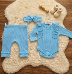 Mavi Bandanalı Kız Bebek 3’lü Takım