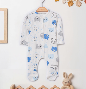 Mavi Ayıcık Desenli Pamuk Bebek Tulum
